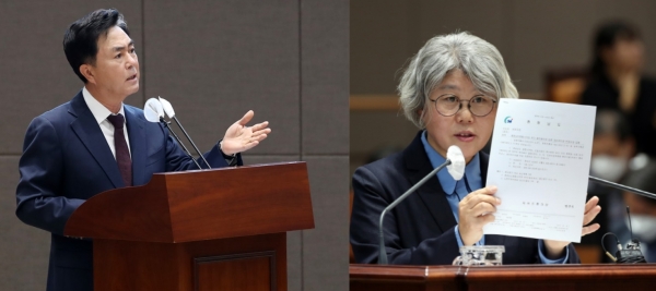 김태흠 충남도지사가 29일 김명숙 도의원의 도정질문에 답변하고 있다.(사진=충남도·충남도의회)