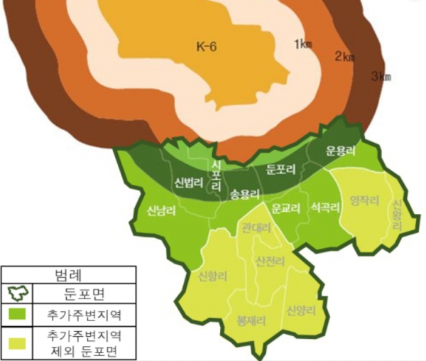 평택미군기지(K-6)와 충남 아산 둔포면. 둔포면 일부 지역이 K-6 공역구역 3㎞ 내에 걸쳐 있다.(자료=충남도)