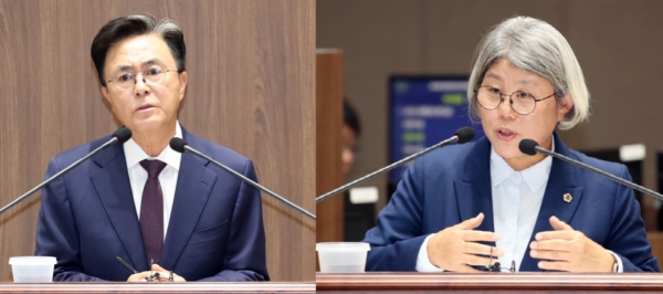 29일 열린 제348회 정례회 제3차 본회의 도정질문에서 김태흠 지사가 김명숙 의원의 질문에 답하고 있다.(사진=충남도의회)