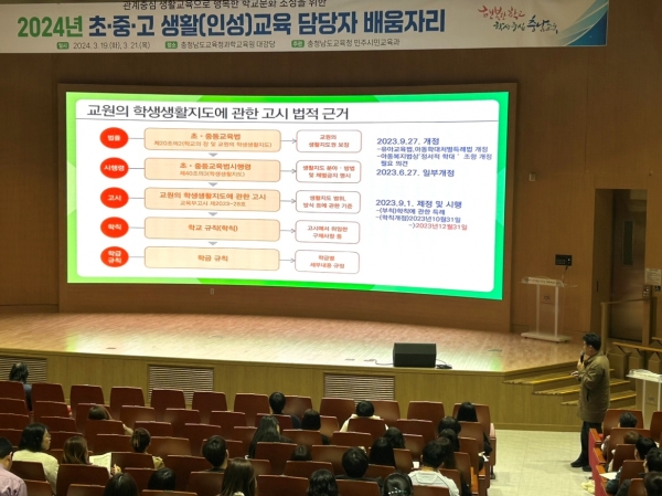 19일 충남과학교육원 대강당에서 열린 ‘2024학년도 생활(인성)교육 업무 담당자 연수' 장면.(사진=충남교육청)