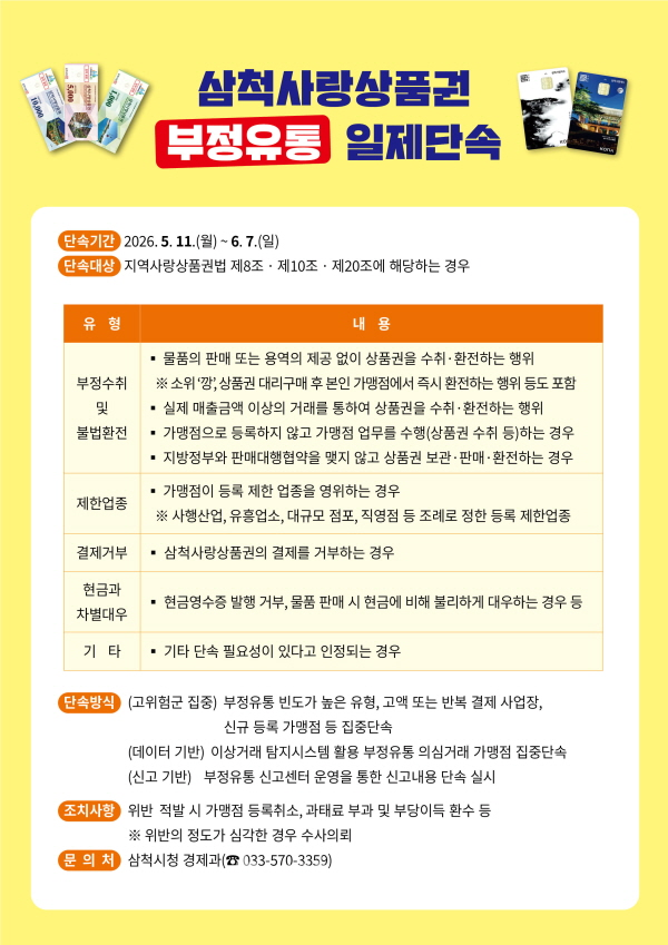삼척사랑상품권 부정유통 단속 포스터